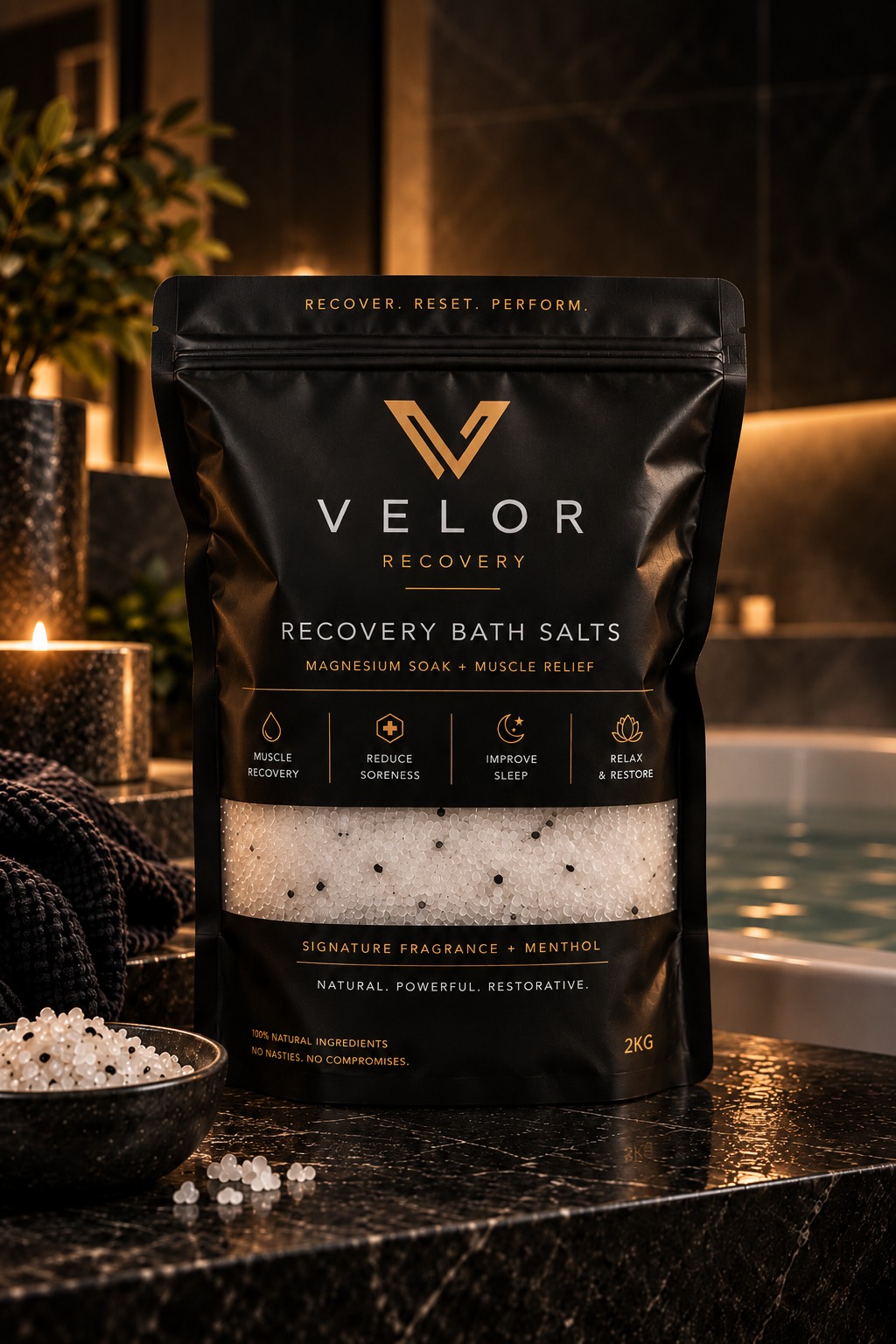Velor Recovery Bath Salts — matte black 2kg pouch