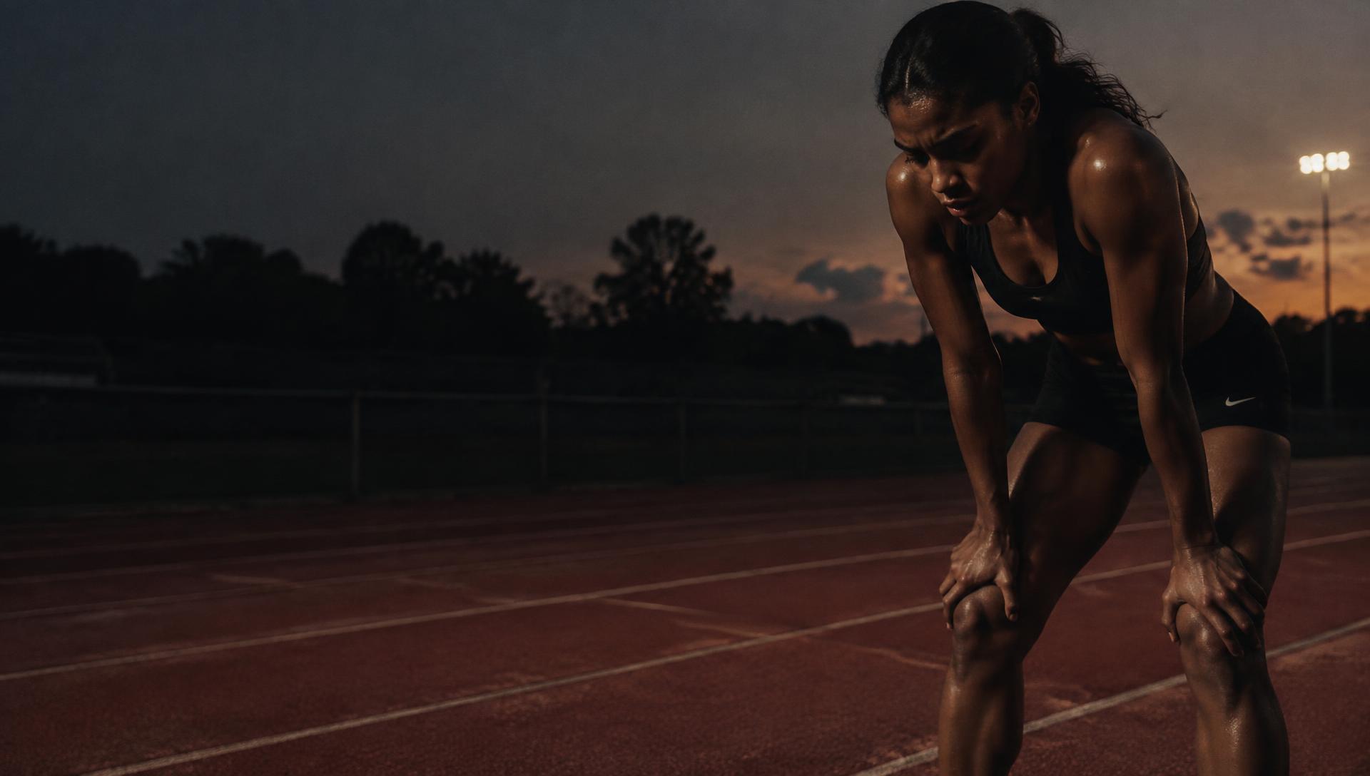 Track athlete catching her breath after a sprint session